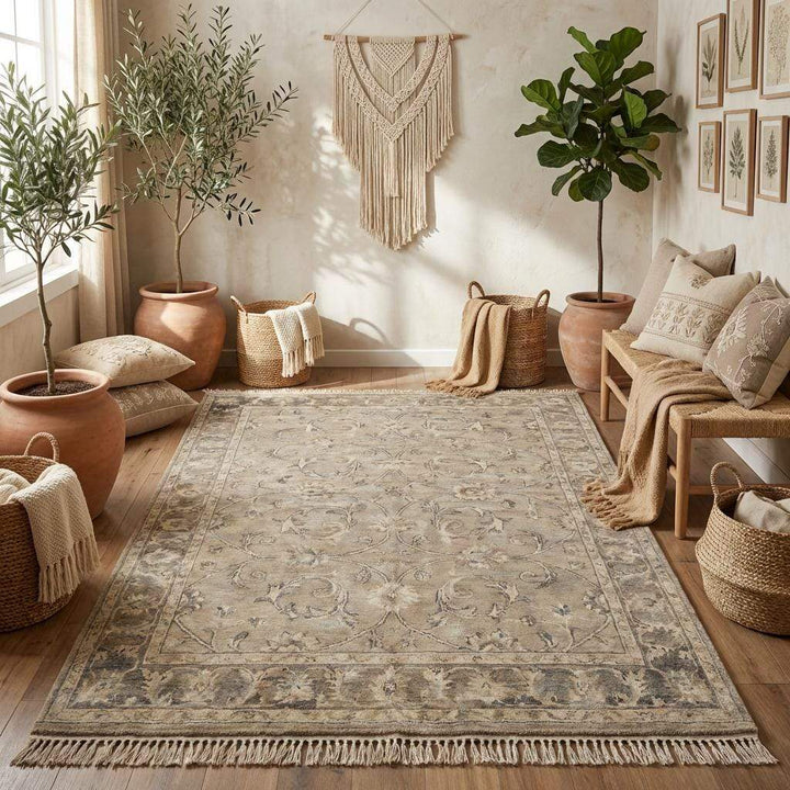 Translation missing: en.Neutral beige and ivory hand knotted area rug for modern and classic home décor