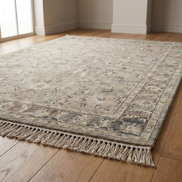 Translation missing: en.Artisan made wool rug with faded floral pattern and traditional Persian inspired layout
