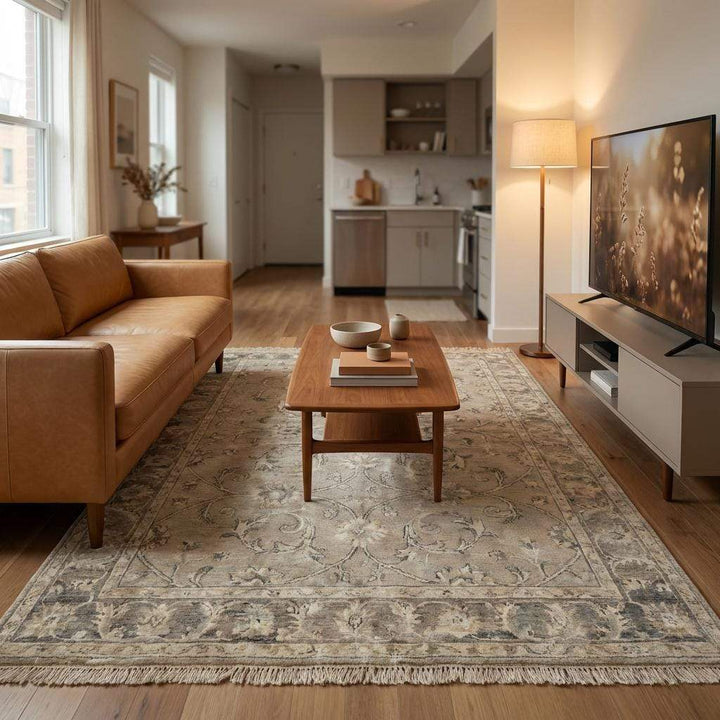 Translation missing: en.Oushak Floral Hand Knotted Wool Rug Neutral Vintage Area