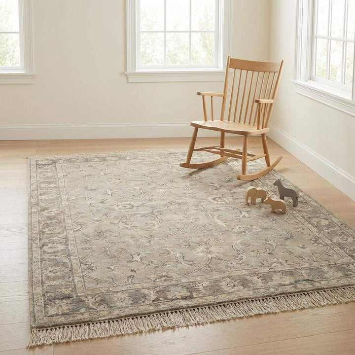 Translation missing: en.Large hand knotted living room rug in soft taupe and grey color palette