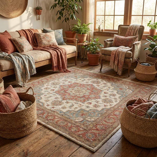 Translation missing: es.Hand knotted traditional wool area rug styled in a modern living space with neutral flooring and warm natural light