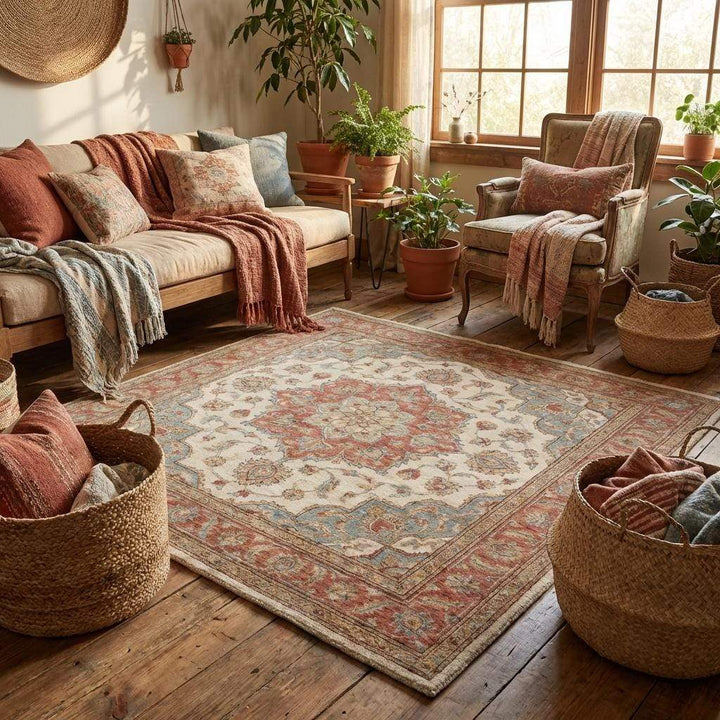 Translation missing: es.Hand knotted traditional wool area rug styled in a modern living space with neutral flooring and warm natural light