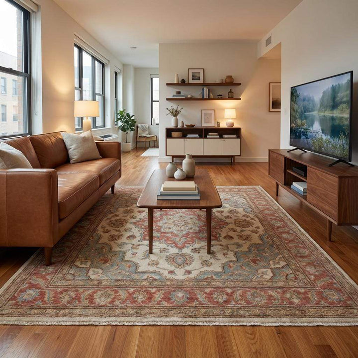 Translation missing: es.Ivory and terracotta hand knotted wool rug highlighting muted blue and sage green accent tones