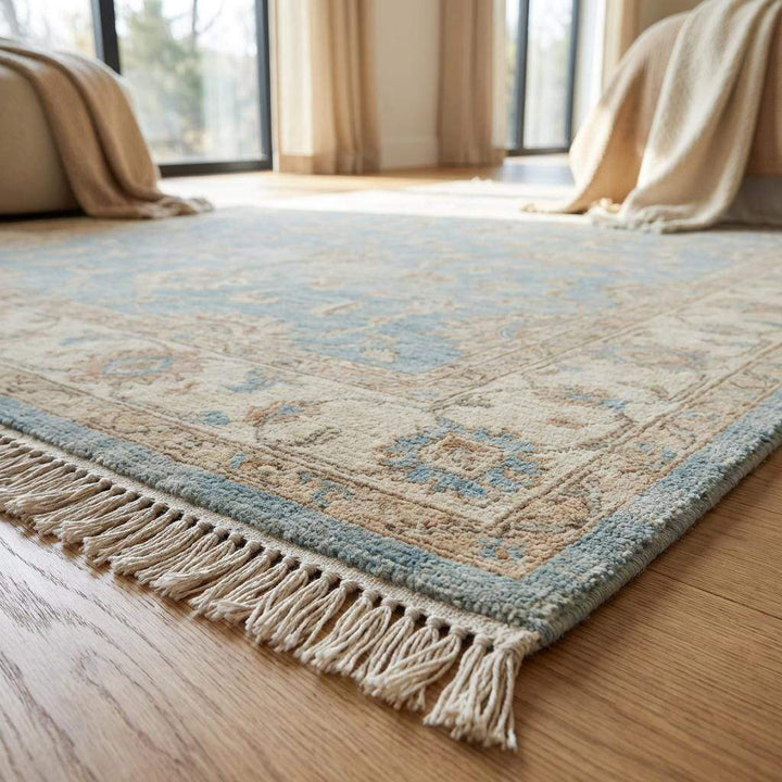 Translation missing: es.Floral hand knotted area rug with muted beige and cream accents