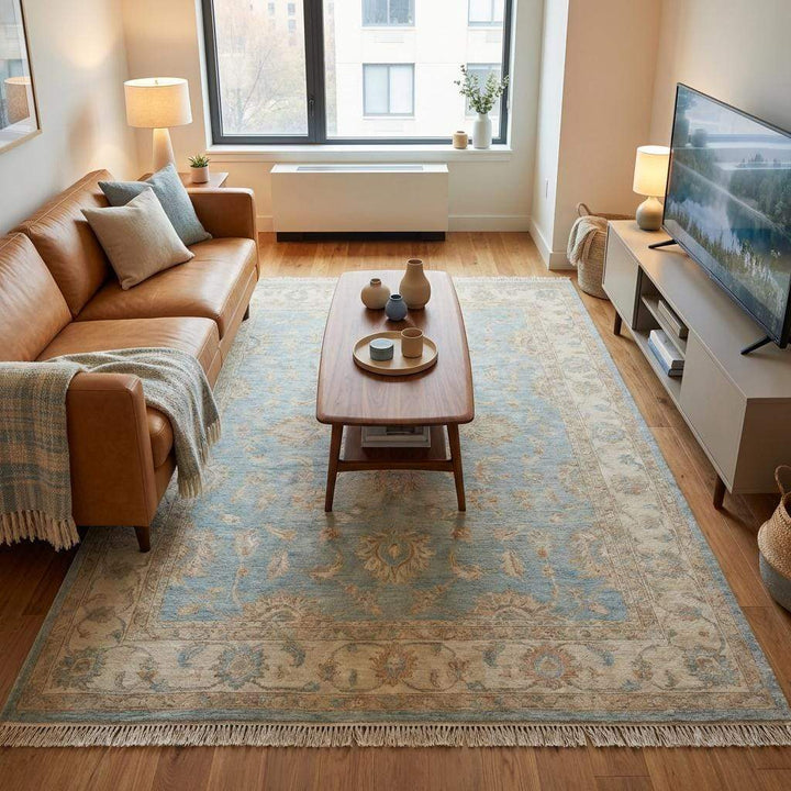 Translation missing: es.Low pile hand knotted wool rug with cotton fringe and detailed border design
