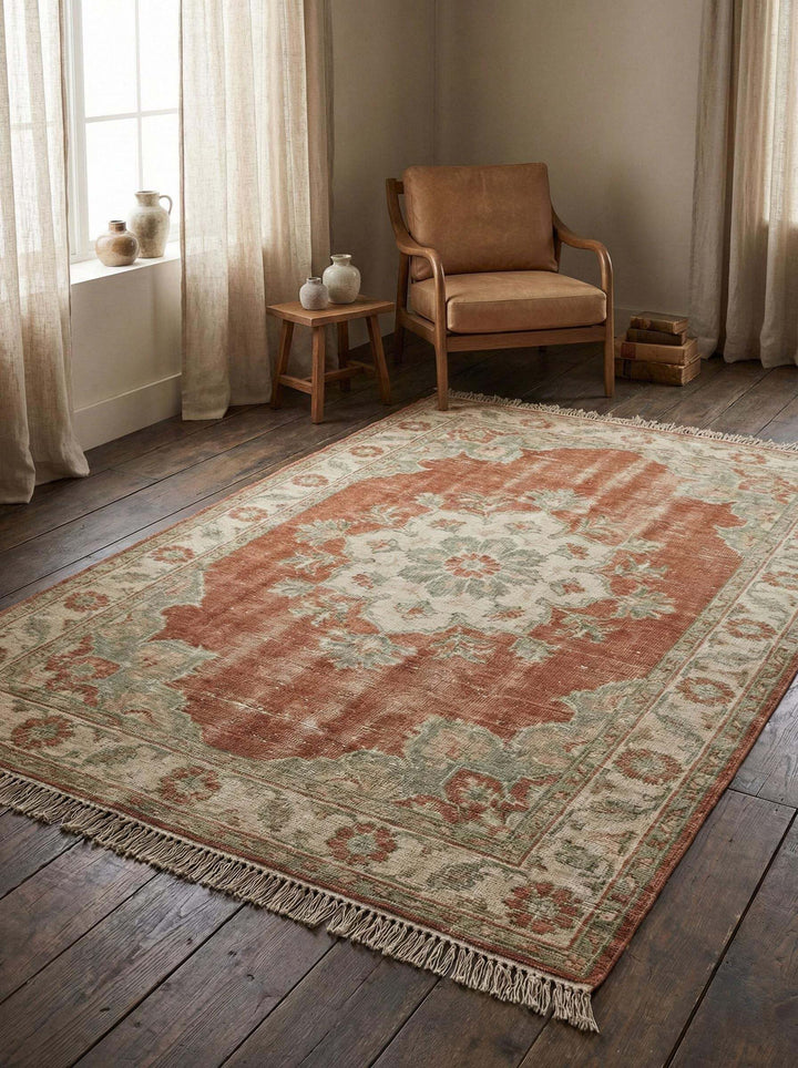 Translation missing: en.Hand knotted Oushak wool rug with faded floral medallion in terracotta and sage tones