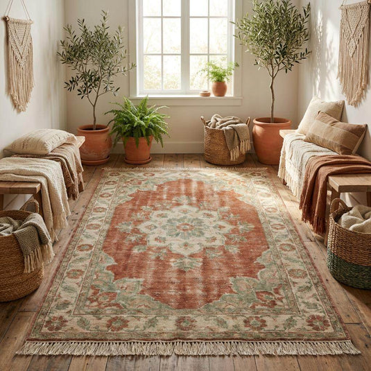 Translation missing: es.Traditional hand knotted area rug featuring floral medallion design and low pile wool texture