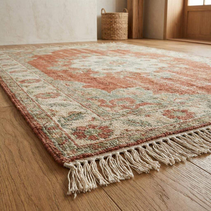 Translation missing: en.Handmade wool rug with terracotta rust center and sage green floral details in a cozy interior setting