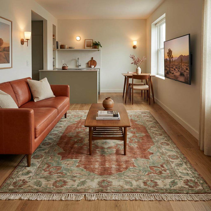 Translation missing: en.Artisan hand knotted Oushak rug highlighting natural color variation and authentic craftsmanship