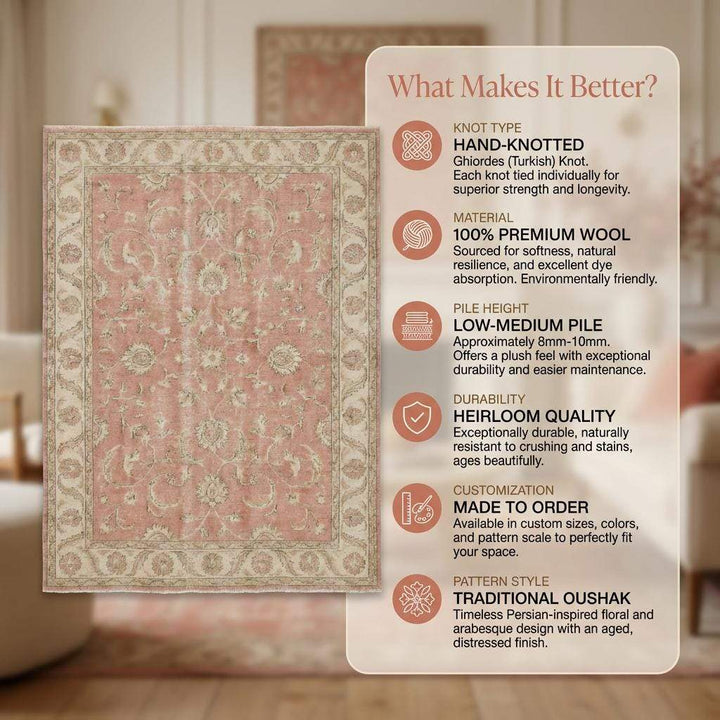 Translation missing: en.Oushak Pink Floral Hand Knotted Wool Area Rug for Living Room