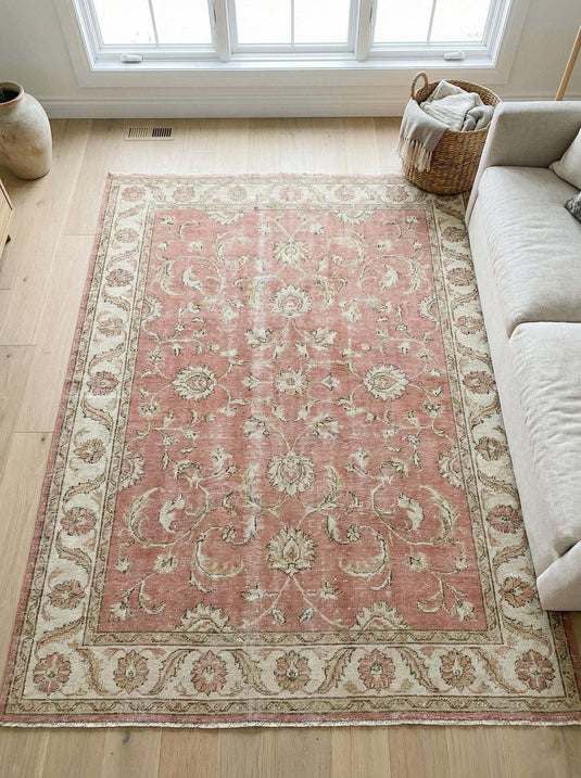 Translation missing: en.Oushak pink floral hand-knotted wool area rug with elegant border and soft pastel design
