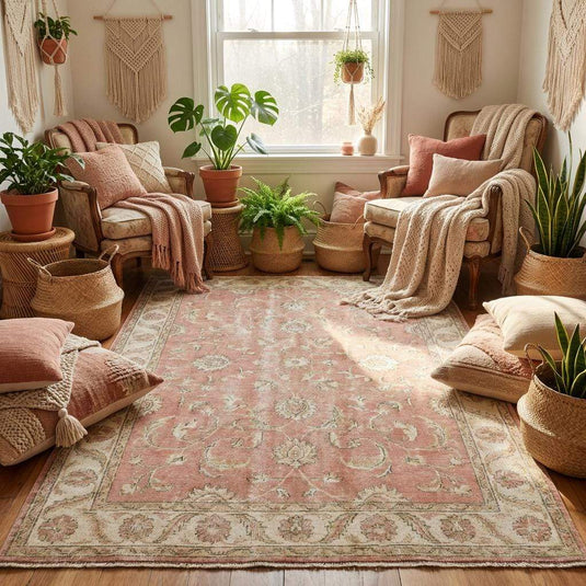 Translation missing: en.Traditional Oushak inspired wool rug with blush pink field and ivory border