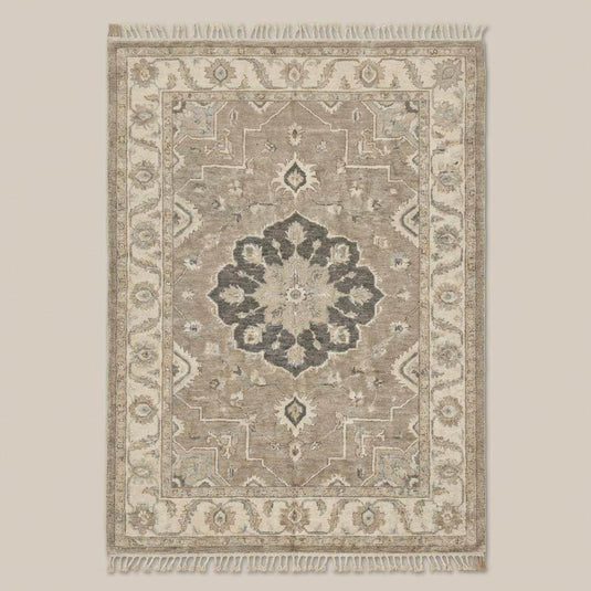 Translation missing: en.Neutral beige and gray wool area rug with soft vintage inspired Oushak pattern