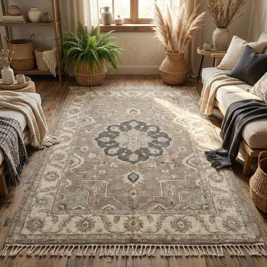 Translation missing: en.Hand knotted wool rug styled on wooden floor with armchair for scale and texture reference