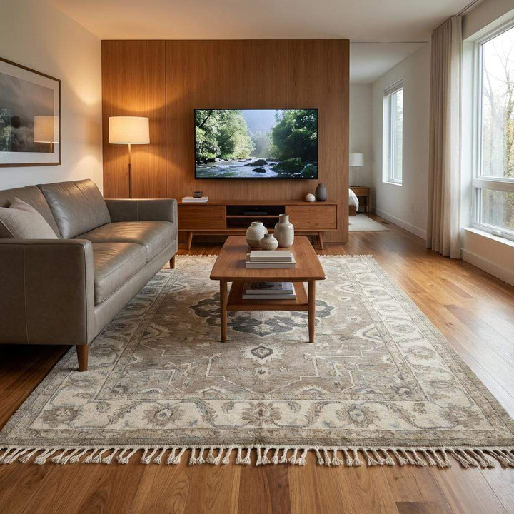 Translation missing: es.Traditional hand knotted wool rug with subtle abrash and timeless Turkish inspired design
