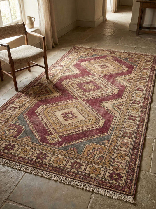 Translation missing: en.Oushak style hand knotted wool rug with geometric medallions and traditional Anatolian design