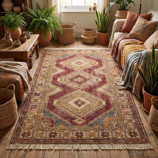 Translation missing: en.Vintage inspired hand knotted wool rug with muted red, tan, and faded blue accents