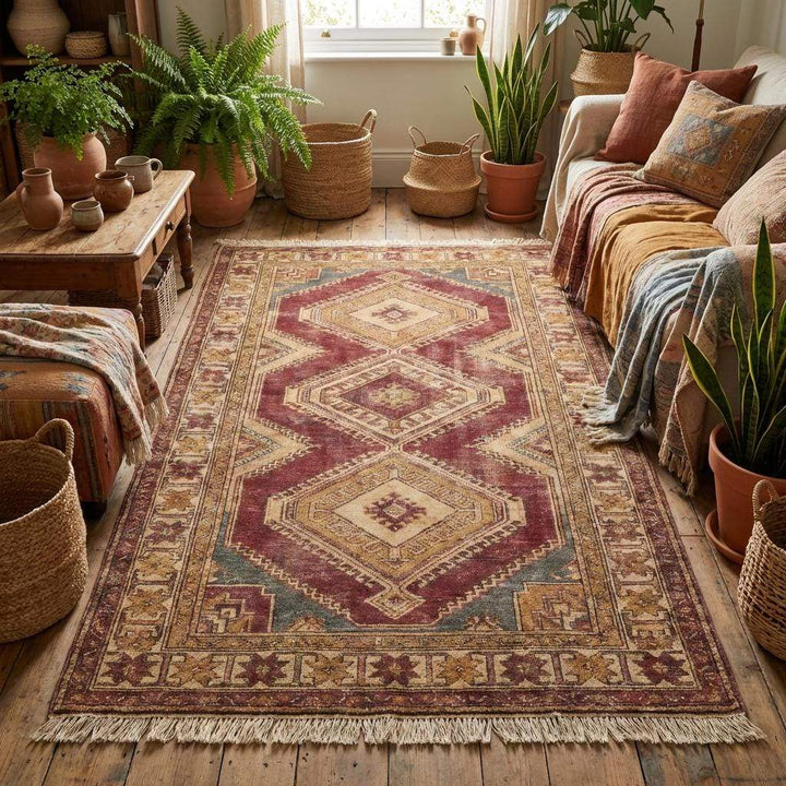 Translation missing: es.Vintage inspired hand knotted wool rug with muted red, tan, and faded blue accents