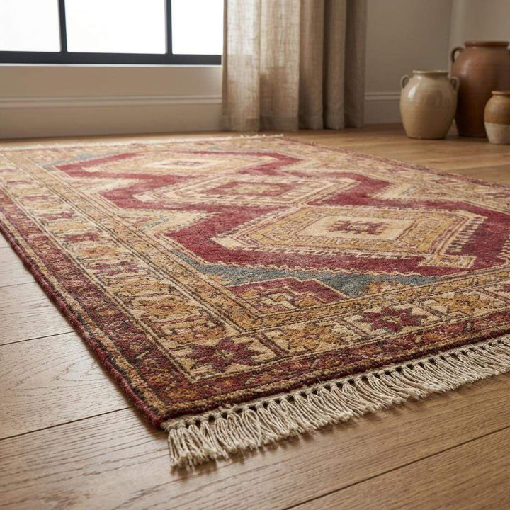 Translation missing: es.Artisan made Turkish Oushak style rug featuring bold medallions and natural wool fringe