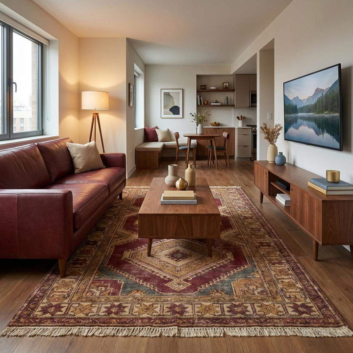 Translation missing: es.Rectangular hand knotted area rug showcasing traditional Anatolian pattern and earthy color palette