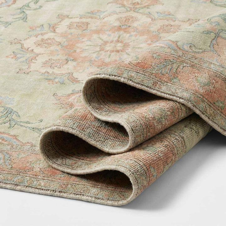 Translation missing: es.Oushak Style Hand Knotted Wool Rug With Soft Green Medallion Design