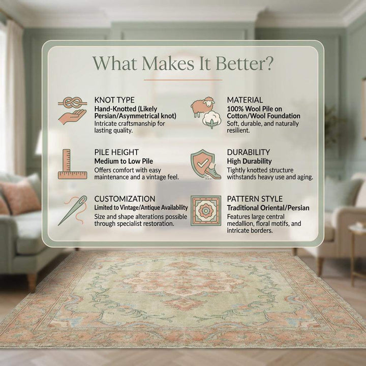 Translation missing: es.Oushak Style Hand Knotted Wool Rug With Soft Green Medallion Design