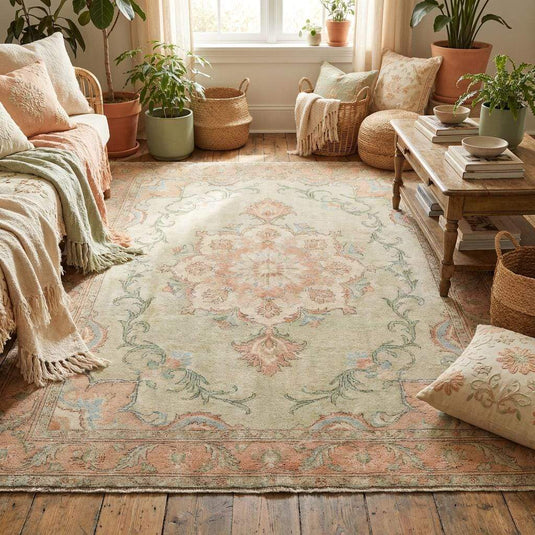 Translation missing: es.Pastel green and peach floral medallion design on traditional hand knotted wool rug