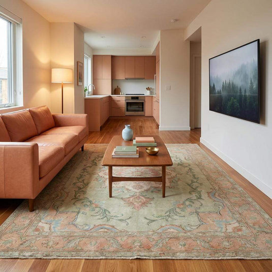 Translation missing: es.Oushak inspired wool rug with muted tones perfect for elegant living room décor