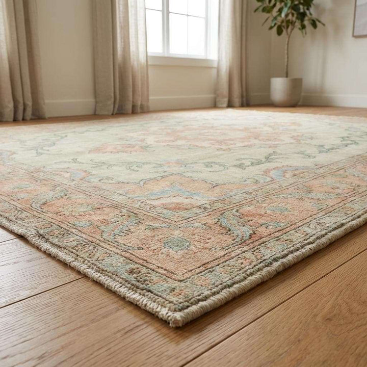 Translation missing: es.Oushak Style Hand Knotted Wool Rug With Soft Green Medallion Design