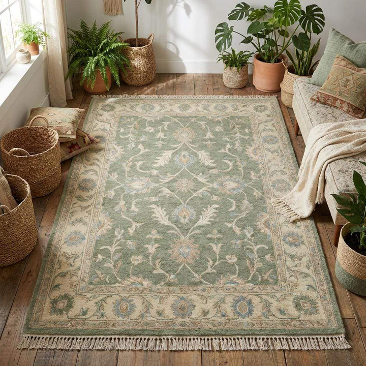 Translation missing: es.Traditional Oushak inspired hand knotted rug with ivory border and pale blue floral accents