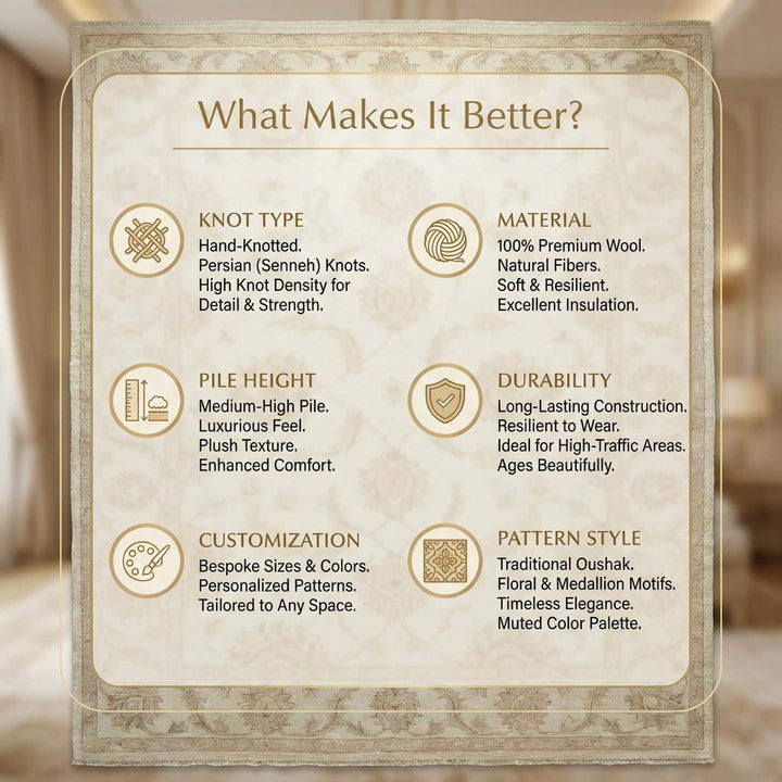 Translation missing: en.Oushak Style Wool Area Rug, Hand Knotted Neutral Floral Carpet