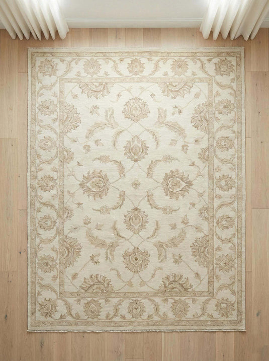 Translation missing: en.Hand-knotted Oushak style wool area rug with neutral floral design and soft wool pile for durable, elegant home decor