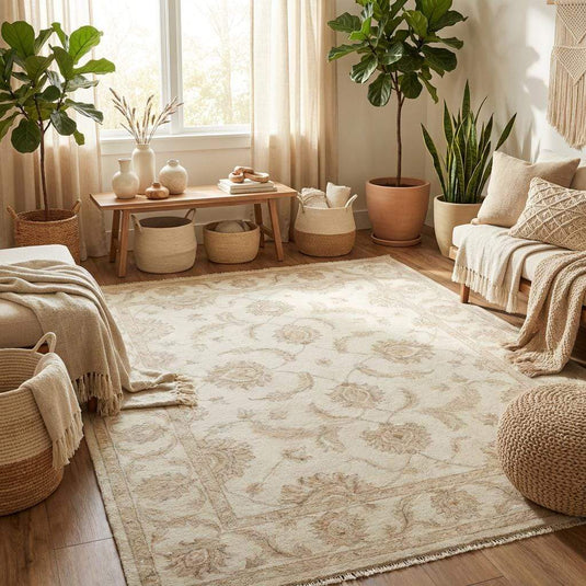 Translation missing: en.Traditional Oushak inspired wool carpet with subtle medallion floral design