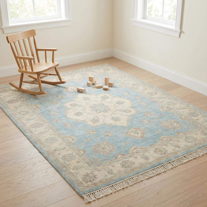 Translation missing: en.Oushak Wool Area Rug in Soft Blue, Hand Knotted Traditional Design