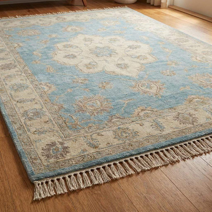Translation missing: en.Oushak Wool Area Rug in Soft Blue, Hand Knotted Traditional Design