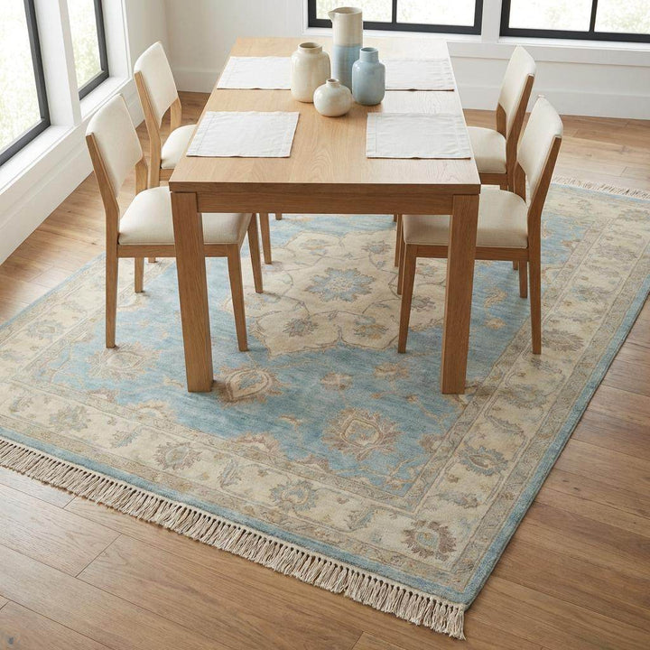 Translation missing: en.Oushak Wool Area Rug in Soft Blue, Hand Knotted Traditional Design