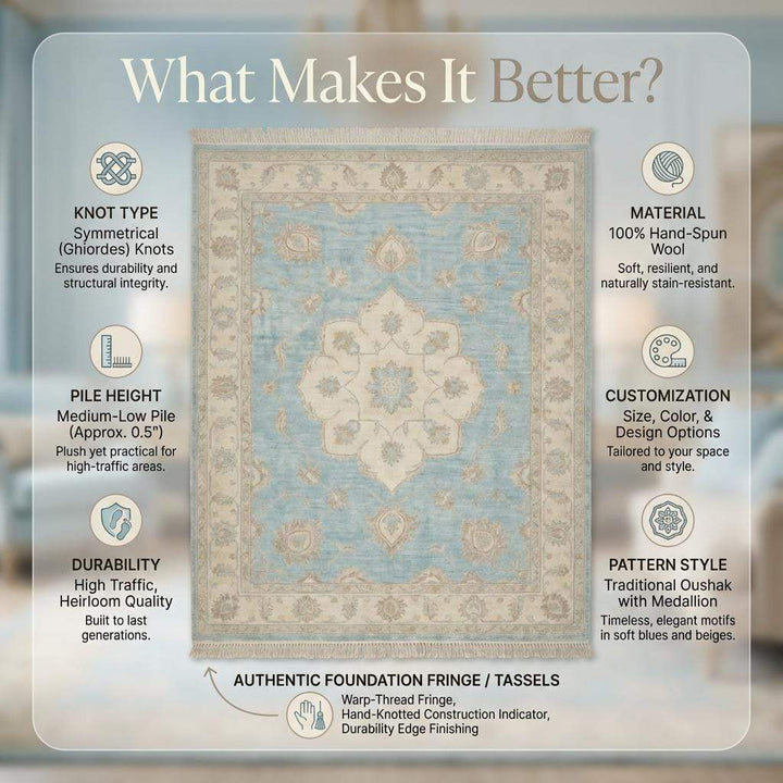 Translation missing: en.Oushak Wool Area Rug in Soft Blue, Hand Knotted Traditional Design