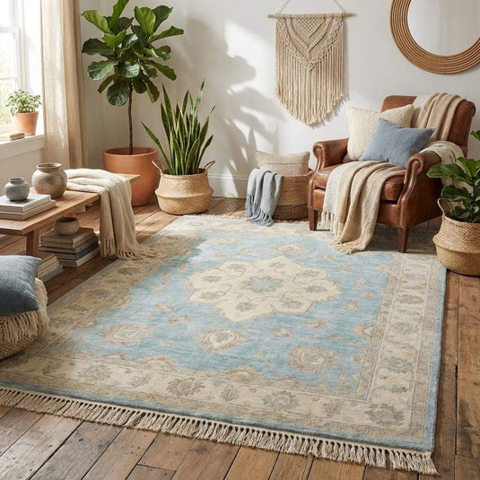 Translation missing: en.Light blue handmade wool rug styled in elegant living room with neutral furniture