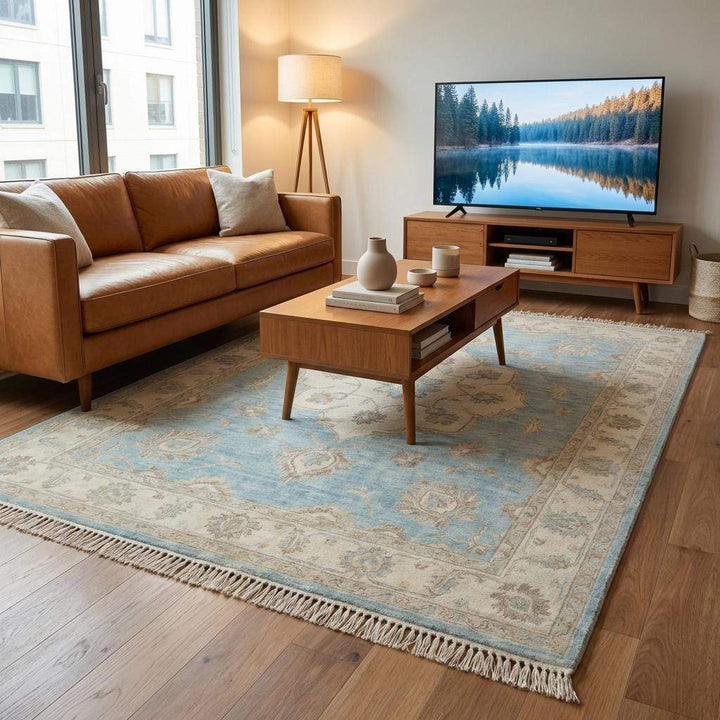 Translation missing: en.Rectangular hand knotted wool rug with low pile and timeless Persian-inspired pattern