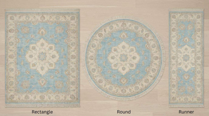 Translation missing: en.Oushak Wool Area Rug in Soft Blue, Hand Knotted Traditional Design