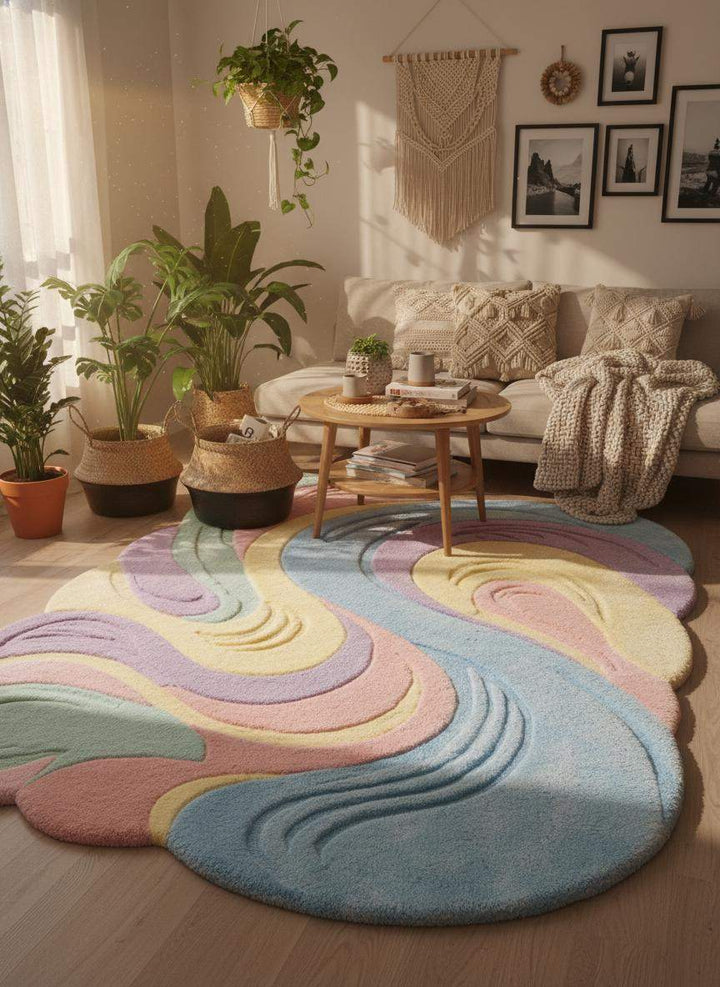 Translation missing: en.Pastel Wavy Rug, Irregular Shape Carpet, Tufted Area Rug, Modern Aesthetic Decor, Soft Plush Custom Rug, Colorful Abstract Bedroom Carpet