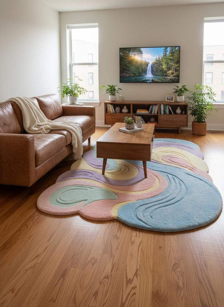 Translation missing: en.Pastel Wavy Rug, Irregular Shape Carpet, Tufted Area Rug, Modern Aesthetic Decor, Soft Plush Custom Rug, Colorful Abstract Bedroom Carpet