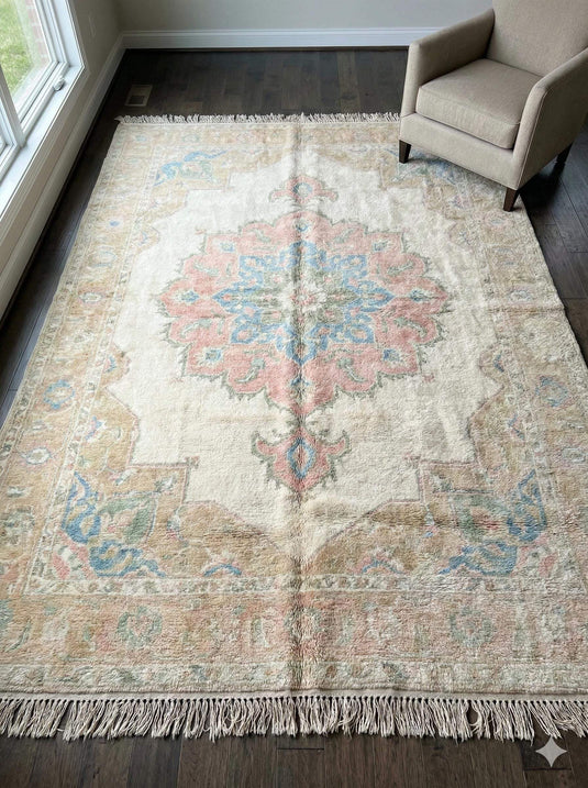 Translation missing: en.Hand knotted pastel Oushak area rug with wool medallion design for living room