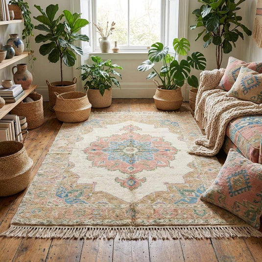 Translation missing: en.Pastel wool medallion rug in neutral living room with armchair and window light