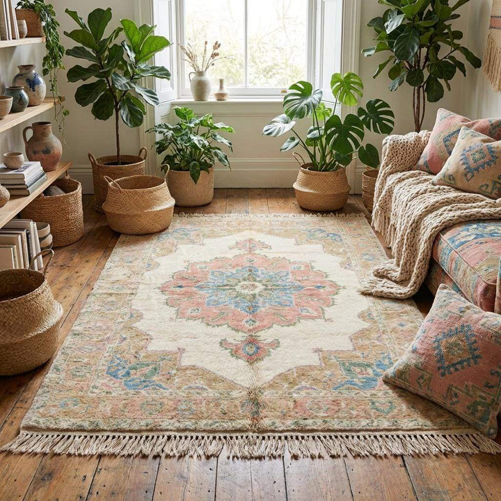 Translation missing: en.Pastel wool medallion rug in neutral living room with armchair and window light