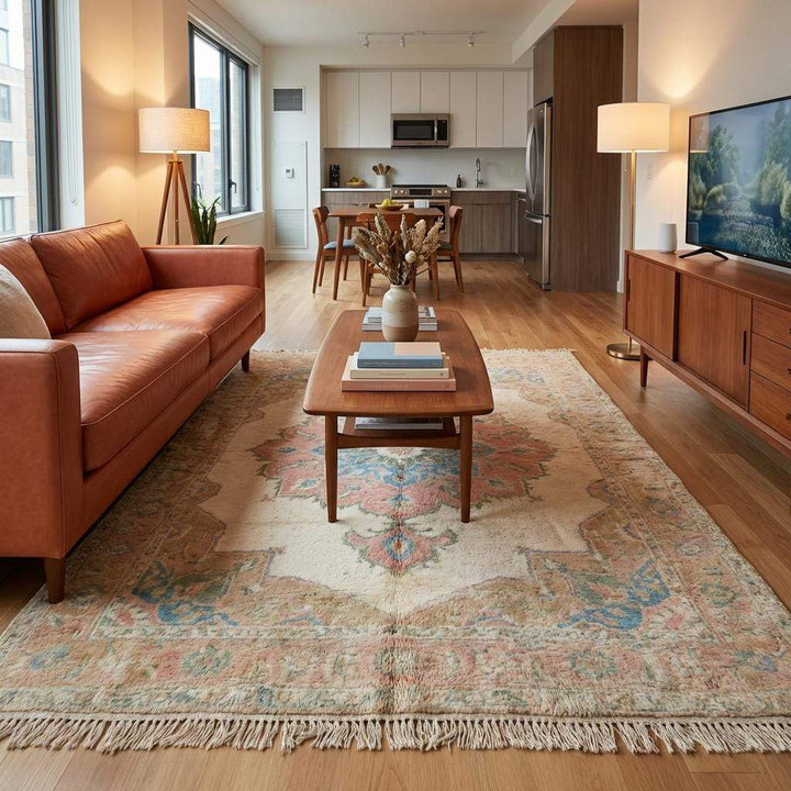 Translation missing: en.Artisan hand knotted wool rug with floral border and faded vintage tones