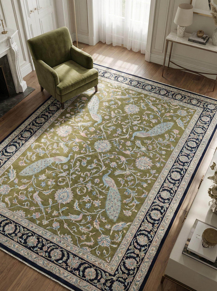 Translation missing: es.Hand-knotted wool Persian rug with peacock floral design and olive green background