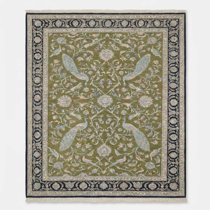 Translation missing: en.Traditional peacock floral Persian rug with navy border and ivory vine details