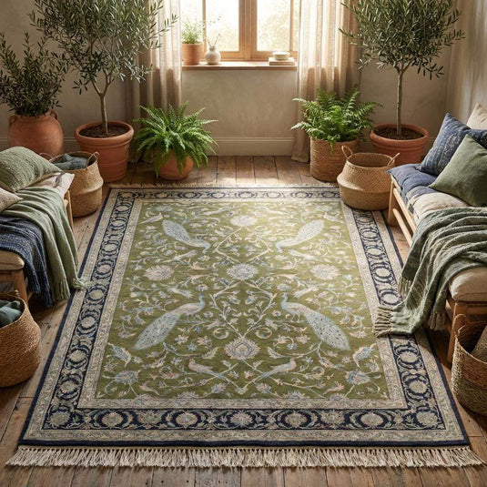 Translation missing: es.Olive green handmade wool rug styled in classic interior with wooden flooring