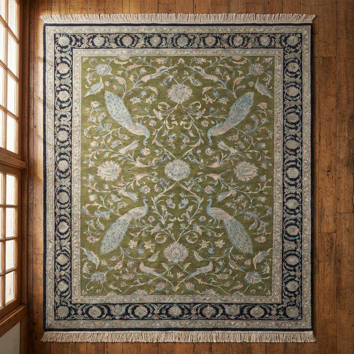 Translation missing: en.Peacock Floral Hand Knotted Wool Persian Area Rug Living